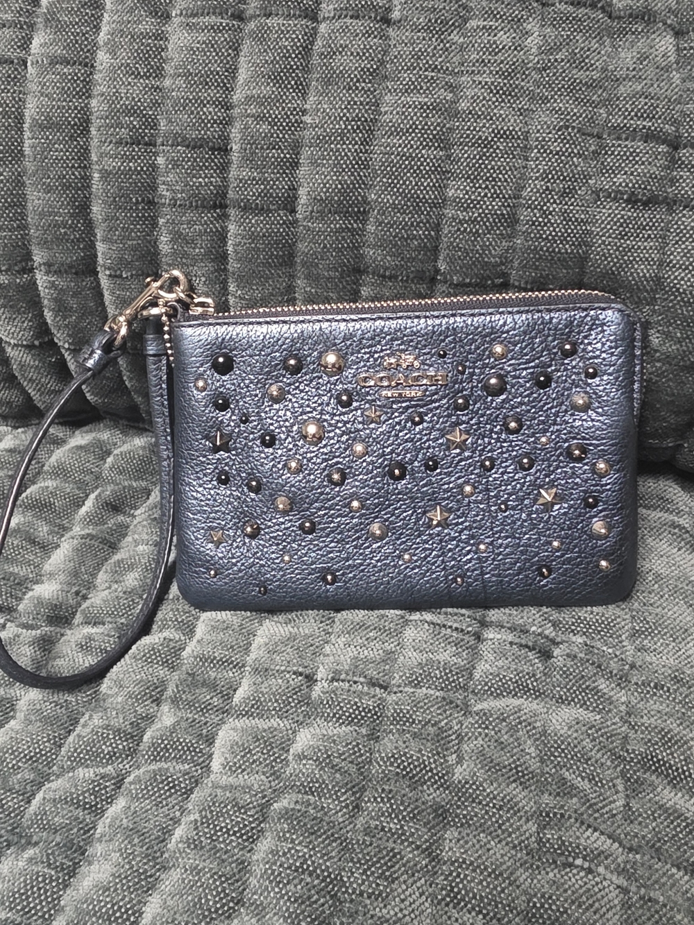 Coach Metallic Navy Studded With Rivets And Stars Zip Corner Leather Wristlet